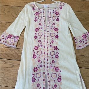 Misa Los Angeles Cream Midi Dress with Pink Floral Embroidery